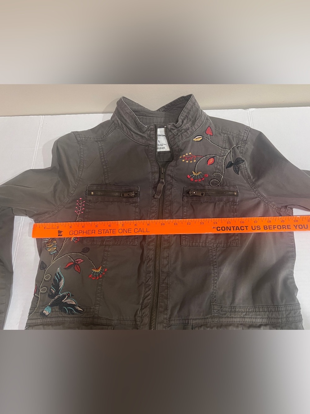 Sonoma Utility Jacket Women’s Olive Green Floral Bird Embroidered Zip-up Boho L - Picture 7 of 14